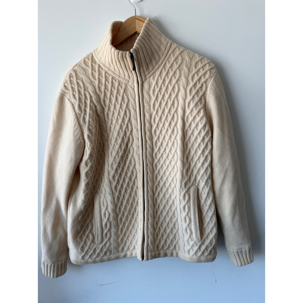 Carraig Donn Ireland Wool Full Zip Cable Knit Cardigan Sweater Cream Mens Small
